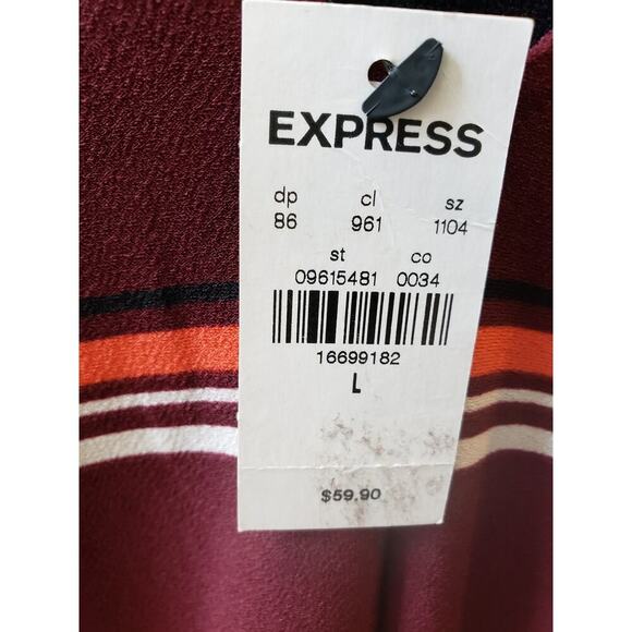 Express Blouse Top Women's Large Red Striped Elastic Waist Long Sleeve V Neck - Picture 6 of 13